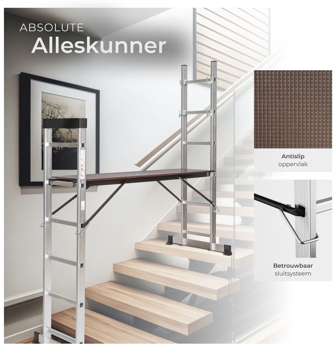Fiqops Steiger, 4-in-1 aluminium steiger, max. 276 cm, tot 150 kg belastbaar, veelzijdig bouwsteiger, verrijdbaar werkplatform en 2 wielen, steigerladder, rolsteiger, 2 x 6 sporten, zwart