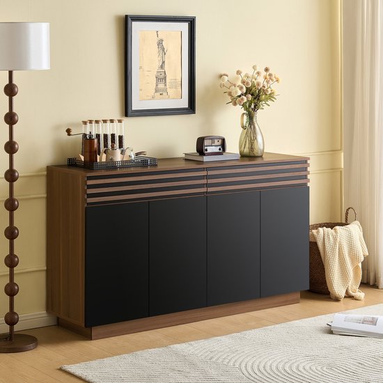 Sweiko Dressoir - 150 x 40 x 85 cm - Houteffect look - 2 laden - 4 deuren - Bruin + Zwart