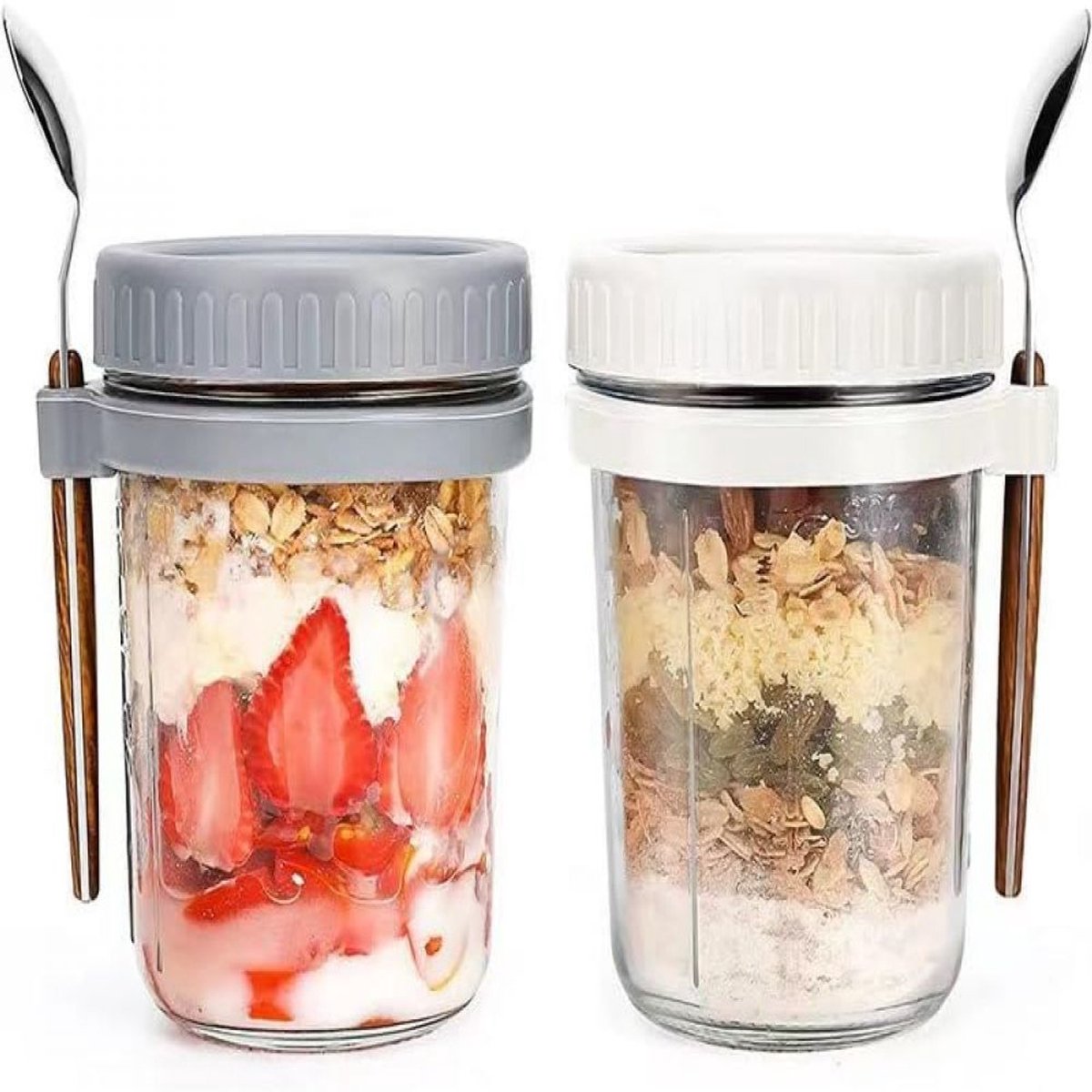 longziming -2 Stuks Overnight Oats Potten met Deksel en Lepel – 350ml Glazen Bewaarpotten met Maataanduiding – Luchtdichte Meal Prep Jars voor Havermout, Yoghurt, Muesli en Salade – Herbruikbare Glazen Ontbijtbekers To Go