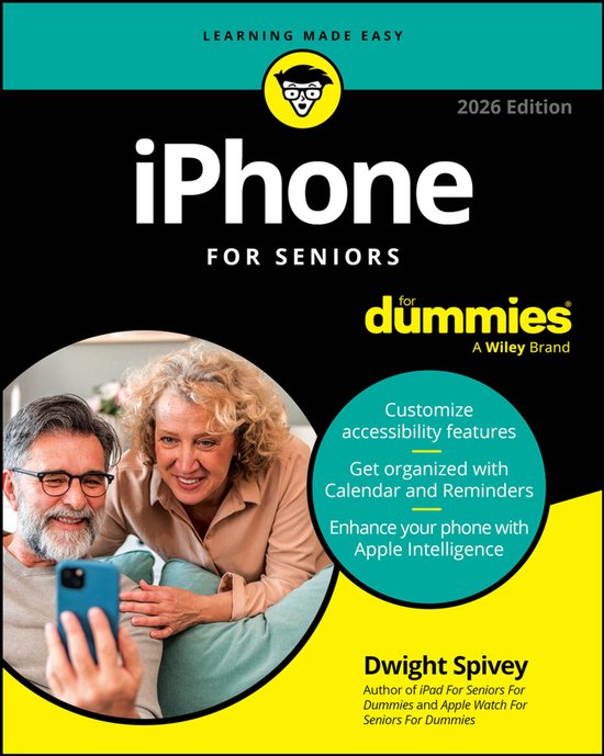 Boek 'iPhone voor senioren' met op de voorkant een ouder echtpaar dat naar een iPhone kijkt. Titel: 'iPhone for Seniors For Dummies, 2026 Edition'.