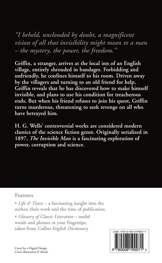Achterkant van het boek 'The Invisible Man' van H.G. Wells met tekst en ISBN.