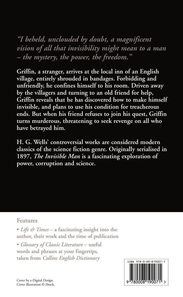Achterkant van het boek 'The Invisible Man' van H.G. Wells met tekst en ISBN.