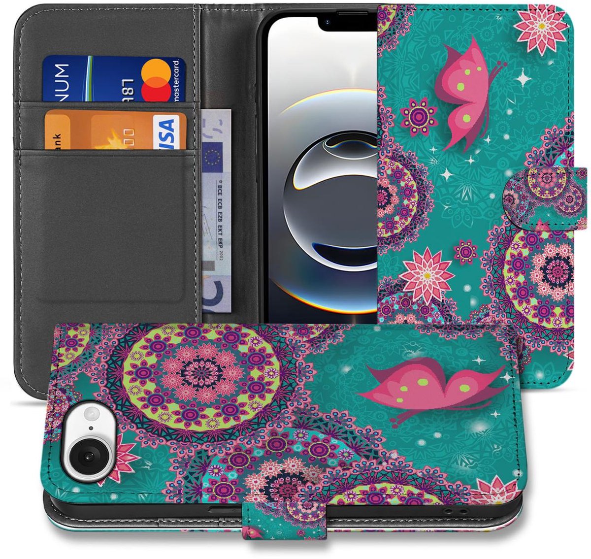 Book Case voor iPhone 16e/17e Hoesje Cirkels en Vlinders