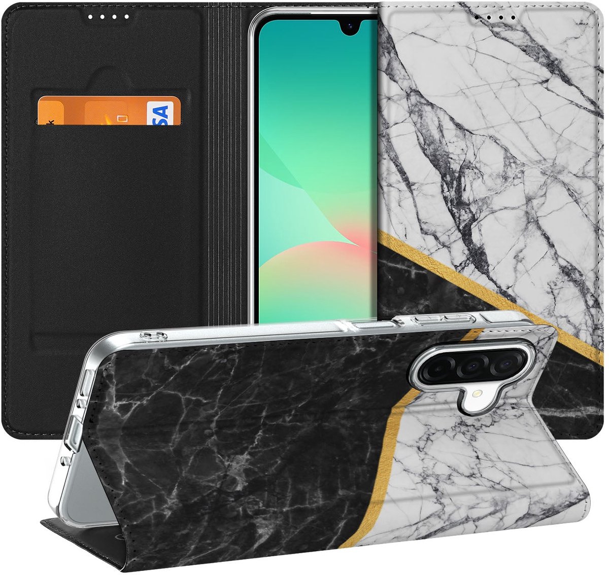 Samsung Galaxy A26 Standcase Marmer Wit Zwart - Origineel Cadeau Man