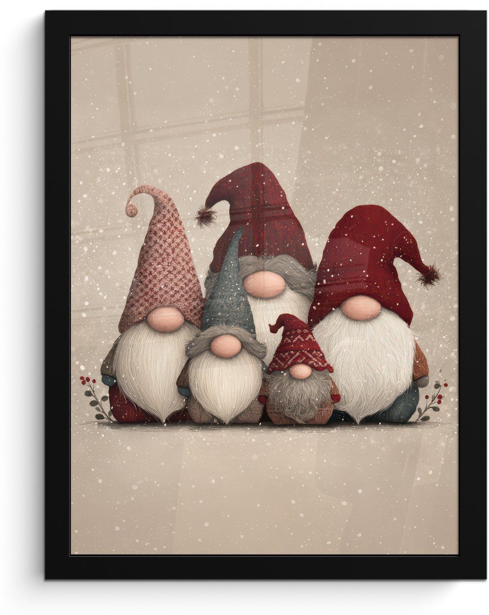 FrameYourWall Poster in lijst - Fotolijst 30x40 cm - Posters - Kabouters - Kerst - Sneeuw - Puntmutsen - Posterlijst zwart - Decoratie - Wanddecoratie woonkamer - Muurdecoratie slaapkamer - Kerstversiering - Kerstdecoratie voor binnen - Kerstmis