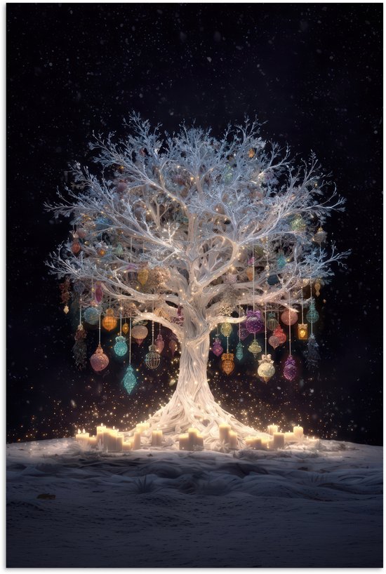 Poster 80x120 cm - Sneeuwboom - Lichtjes - Wit - Kleurrijk - Posters - Kamer decoratie - Wanddecoratie woonkamer - Muurdecoratie slaapkamer - Kerstversiering - Kerstdecoratie voor binnen - Kerstmis