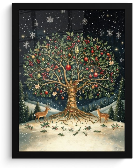 Poster in lijst - Fotolijst 30x40 cm - Posters - Feestboom - Winterhemel - Kleurrijk - Posterlijst zwart - Decoratie - Wanddecoratie woonkamer - Muurdecoratie slaapkamer - Kerstversiering - Kerstdecoratie voor binnen - Kerstmis