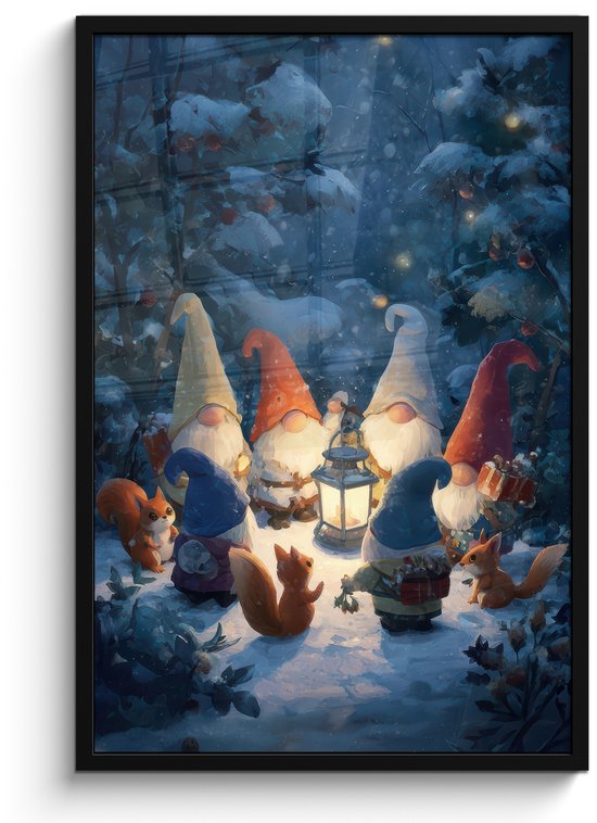 Poster in lijst - Fotolijst 60x90 cm - Posters - Winter - Gnooms - Eekhoorns - Meerkleurig - Posterlijst zwart - Decoratie - Wanddecoratie woonkamer - Muurdecoratie slaapkamer - Kerstversiering - Kerstdecoratie voor binnen - Kerstmis
