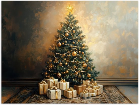Poster 80x60 cm - Kerstboom - Cadeaus - Goud - Posters - Kamer decoratie - Wanddecoratie woonkamer - Muurdecoratie slaapkamer - Kerstversiering - Kerstdecoratie voor binnen - Kerstmis