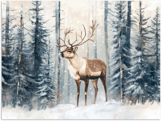 Poster 40x30 cm - Rendier - Sneeuw - Woud - Wit - Posters - Kamer decoratie - Wanddecoratie woonkamer - Muurdecoratie slaapkamer
