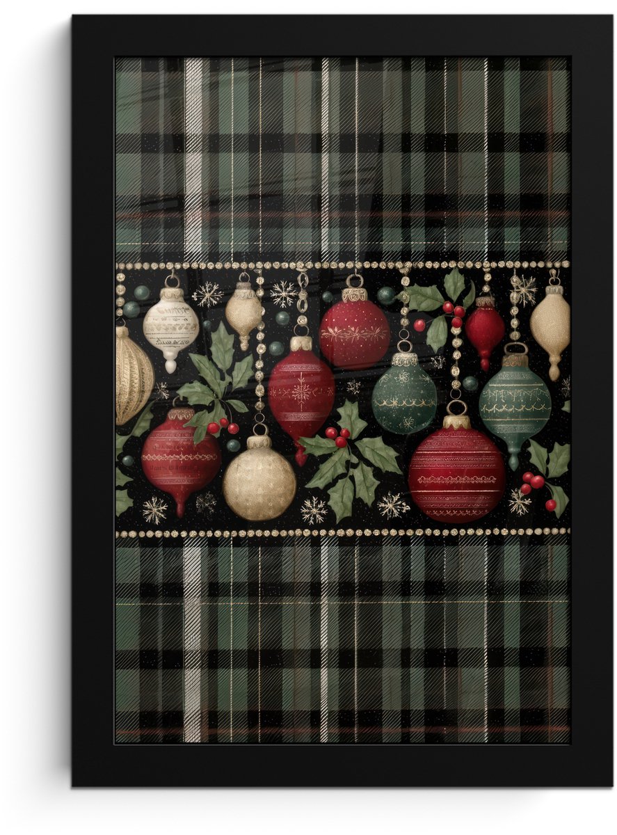 FrameYourWall Poster in lijst - Fotolijst 20x30 cm - Posters - Kerstballen - Rood - Hulsttakken - Patroon - Posterlijst zwart - Decoratie - Wanddecoratie woonkamer - Muurdecoratie slaapkamer - Kerstversiering - Kerstdecoratie voor binnen - Kerstmis