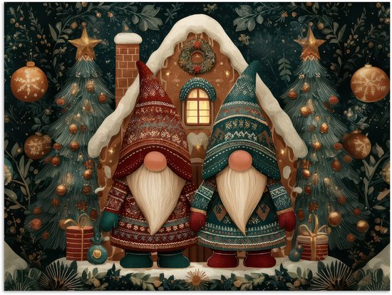 Poster 120x90 cm - Kerst - Gnomen - Peperkoekhuisje - Rood - Groen - Posters - Kamer decoratie - Wanddecoratie woonkamer - Muurdecoratie slaapkamer - Kerstversiering - Kerstdecoratie voor binnen - Kerstmis