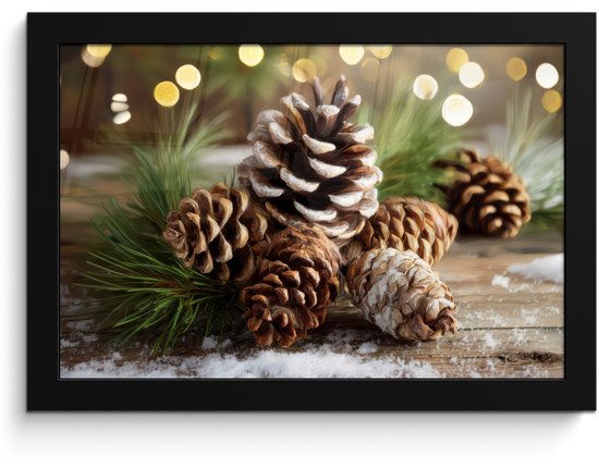 Poster in lijst - Fotolijst 30x20 cm - Posters - Dennenappels - Kerstsfeer - Bruin - Groen - Posterlijst zwart - Decoratie - Wanddecoratie woonkamer - Muurdecoratie slaapkamer - Kerstversiering - Kerstdecoratie voor binnen - Kerstmis