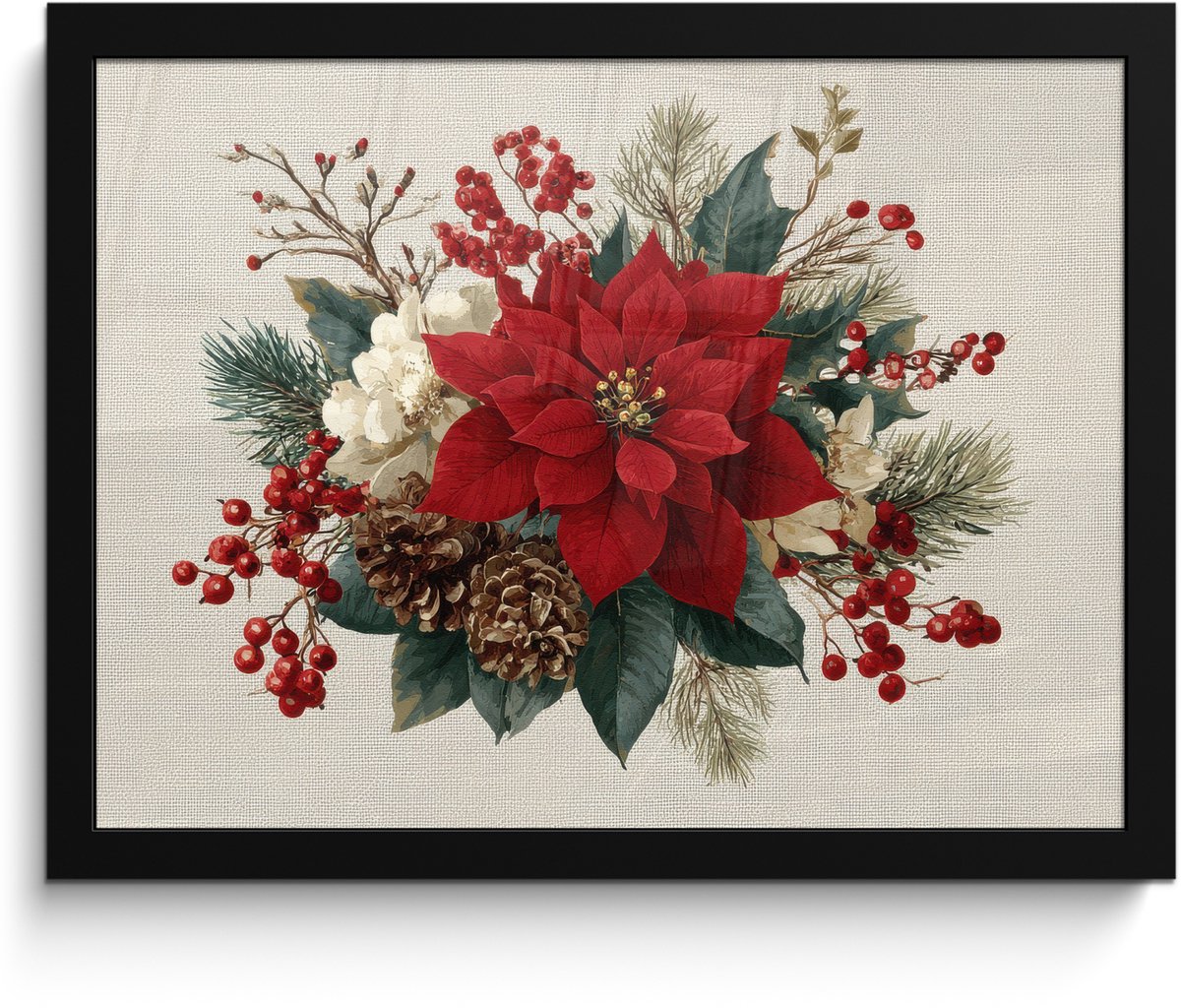 FrameYourWall Poster in lijst - Fotolijst 40x30 cm - Posters - Kerststuk - Pointia - Dennenappels - Rood - Posterlijst zwart - Decoratie - Wanddecoratie woonkamer - Muurdecoratie slaapkamer - Kerstversiering - Kerstdecoratie voor binnen - Kerstmis