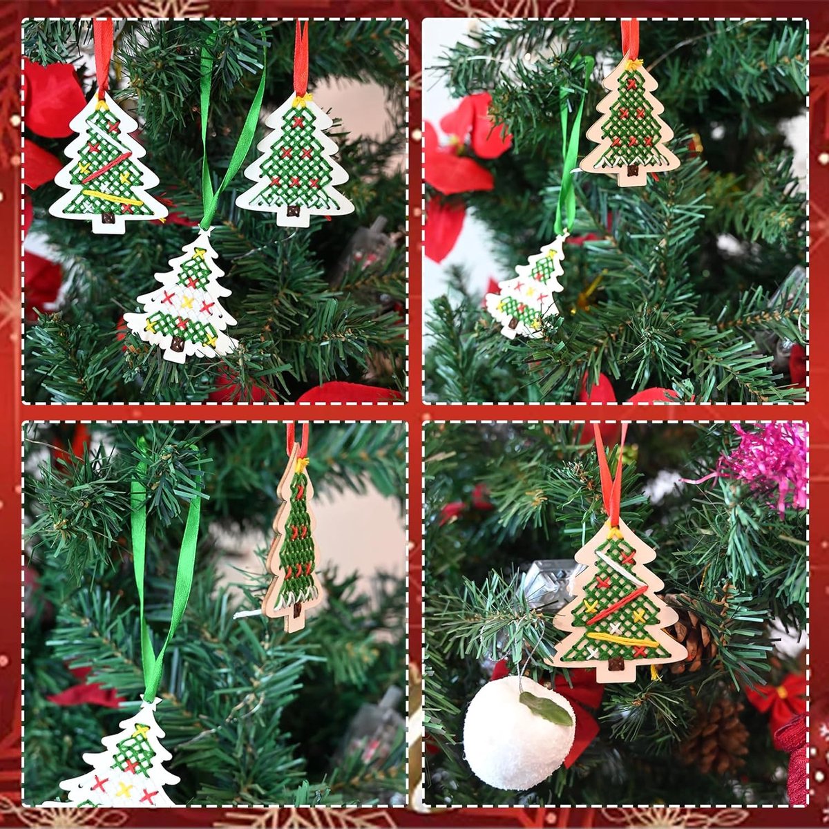 Kerst borduurset - Kerstboom borduren - DIY kerstknutsels - Borduurset voor volwassenen - Kerstboomversieringen - Houten kerstboom bladwijzer kruissteek - Kerstborduurset voor kinderen en beginners – foto 2