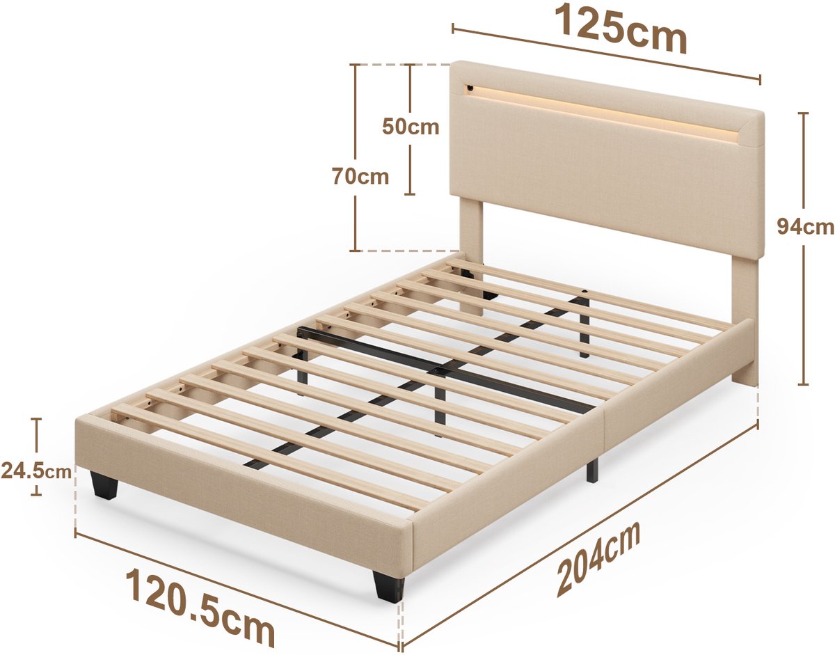 Xbro Gestoffeerd Bed 120 x 200 cm – met Bedhoofdbord LED-Verlichting – Tweepersoonsbed met Hoofdbord en Lattenbodem – Beige — cadeau in Cadeau-ideeën - foto 2