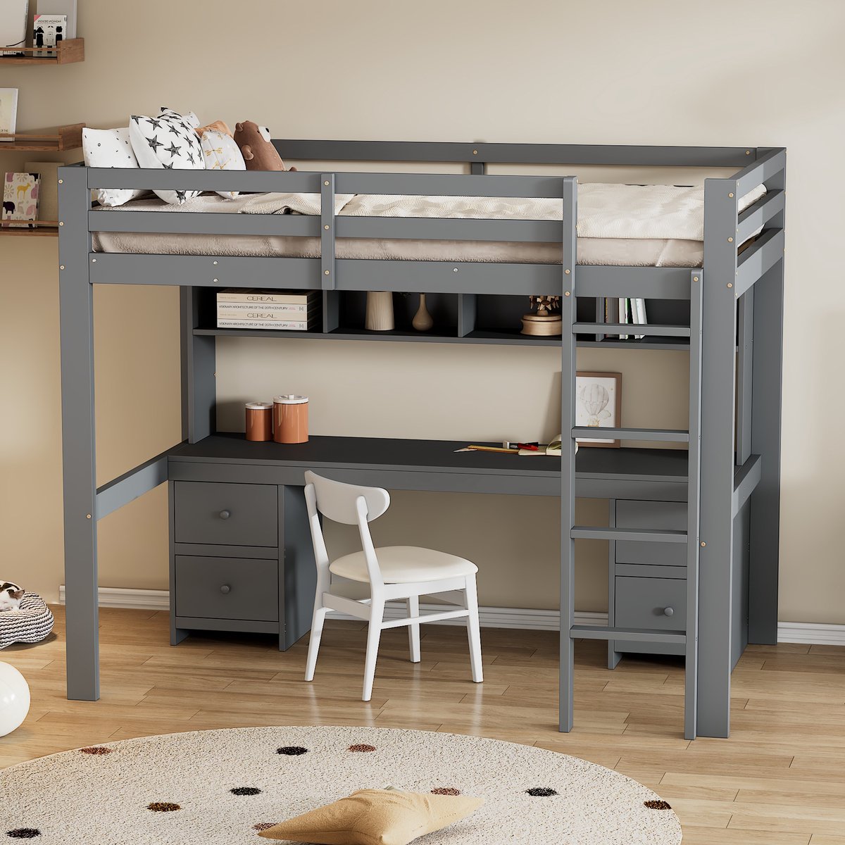 Merax 90x200 cm hoogslaper - kinderbed - met bureau - opbergruimte - hoge veiligheidsrand - grijs - zonder matras