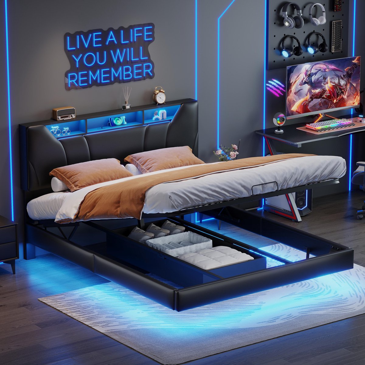 Opbergbed 160x200cm – Zwart Tweepersoonsbed met LED Lichtstrip, USB Oplaadpoort en Praktische Opslag