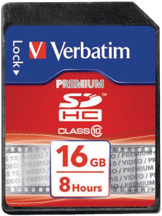Een 16 GB SDHC-kaart met premium label, rode en blauwe accenten. '8 uur' is zichtbaar.