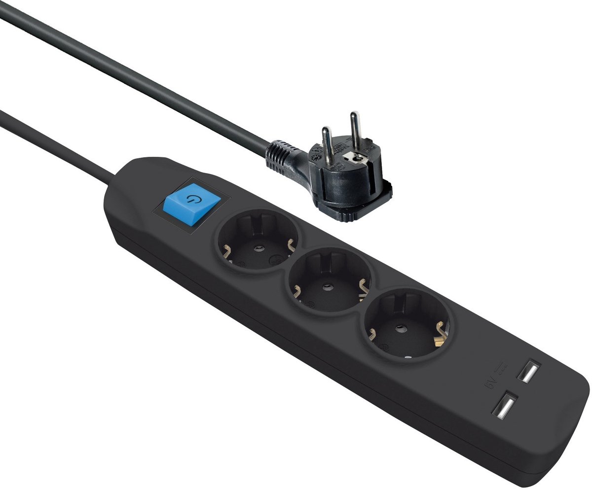 MaxTrack stekkerdoos met 3 contacten en 2x USB / zwart - 10 meter
