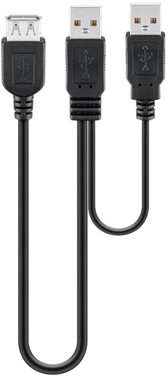 USB 2.0 Hi-Speed Dual-Power cable 0.3 m, black - USB 2.0 male (type A) + USB 2.0 male (type A) > USB 2.0 female (type A)