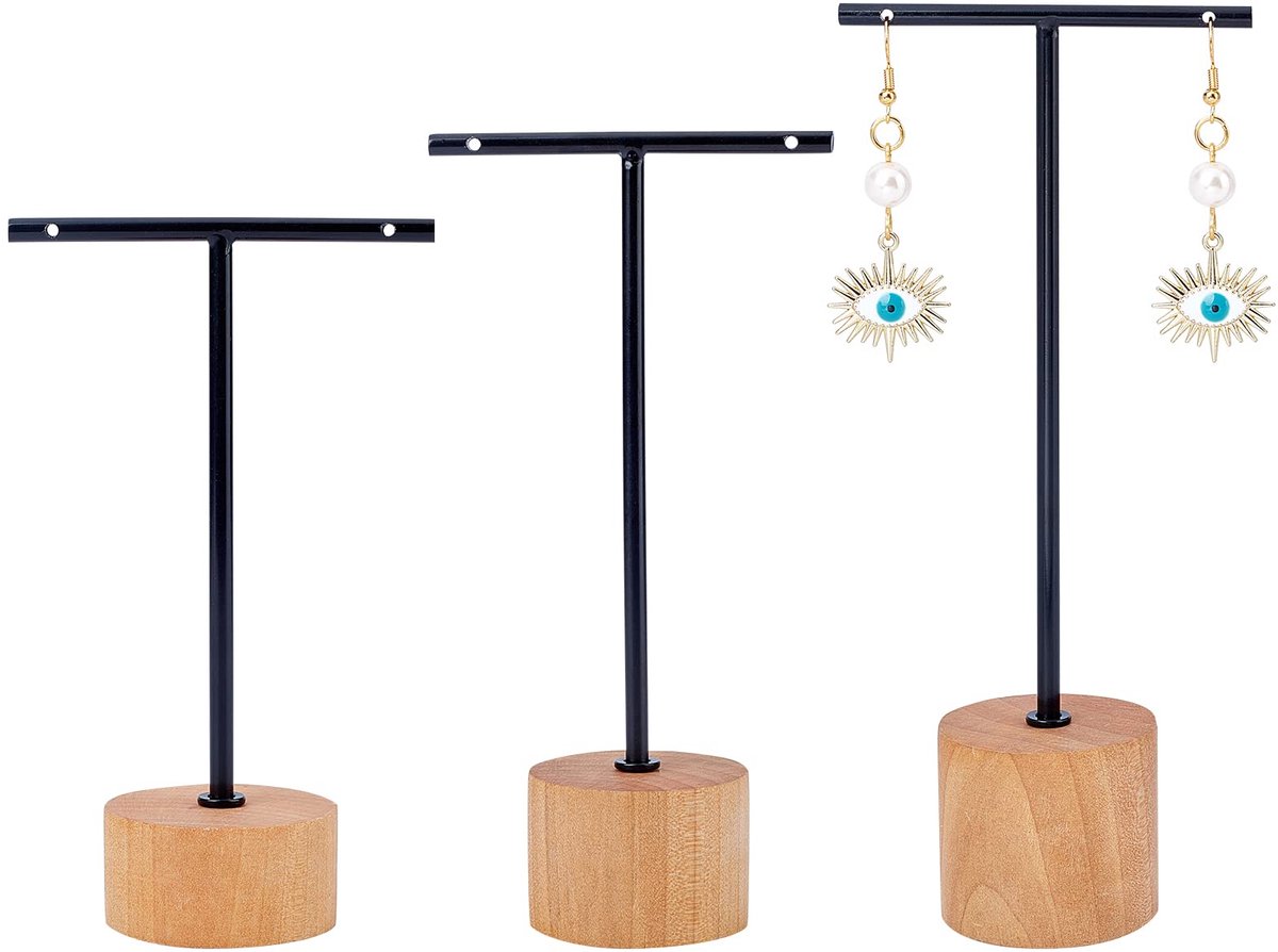 Zwart Metal 3 Pcs T Bar Oorbel Display Stand met Houten Base Sieraden Houders voor winkel detailhandel fotografie rekwisieten(Zwart-ronde basis 14,5 & 12,5 & 10cm Hoogte)