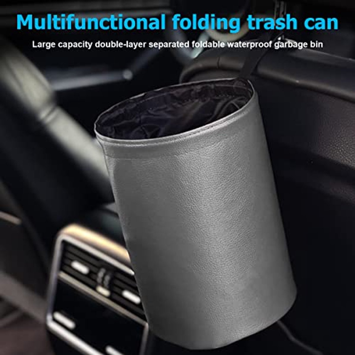 Auto-vuilnisemmer, opvouwbare waterdichte vuilnisemmer, multifunctionele auto-organizer, vuilnisemmer, stijlvolle PU-leer, waterdichte vuilnisbak, grijs
