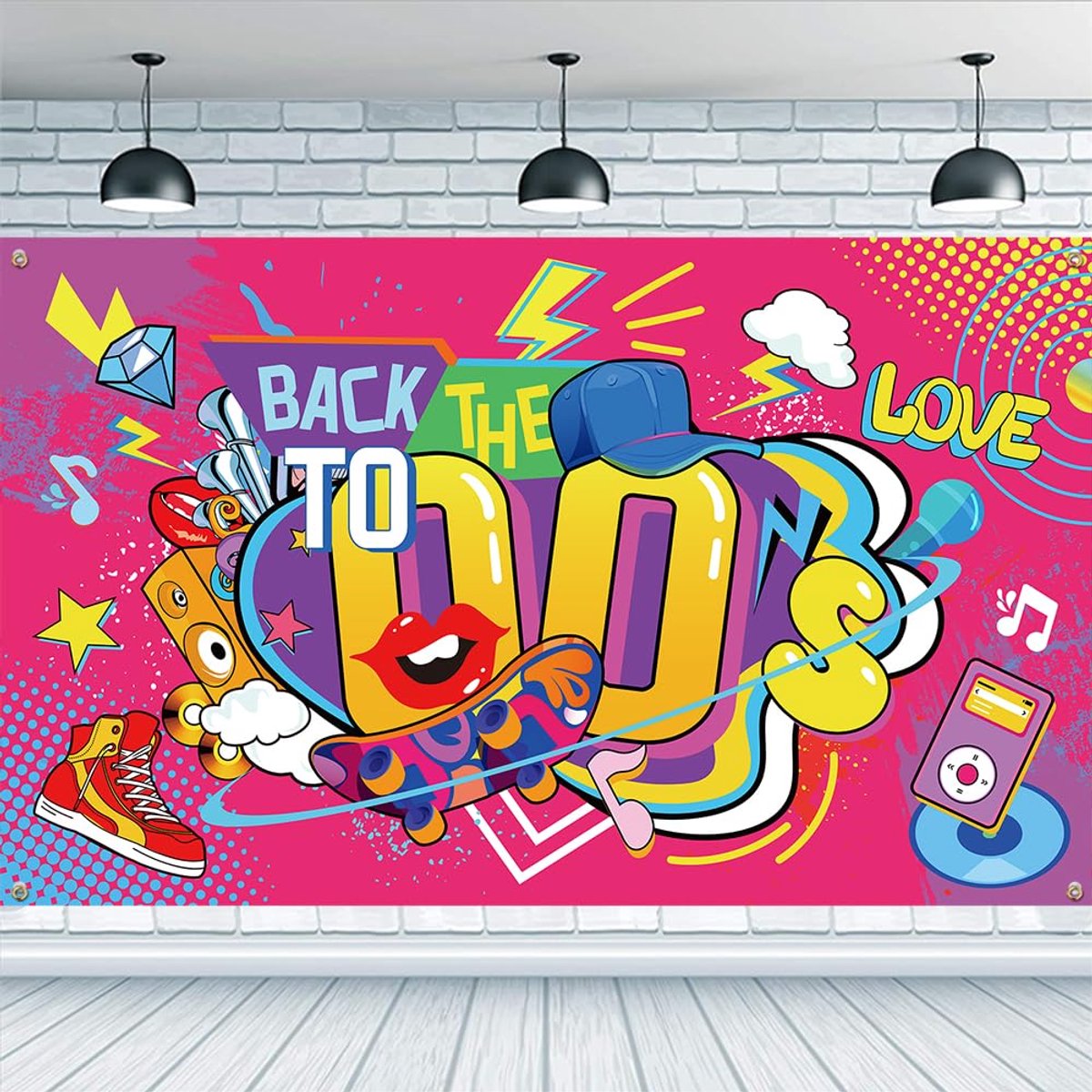 Selbro® Back to the 00's Party Banner Decoratie 185 x 100 cm Begin jaren 2000 thema achtergrond skateboard muziek audio microfoon banner stof muur tafel decoraties fotoshoot studio rekwisieten