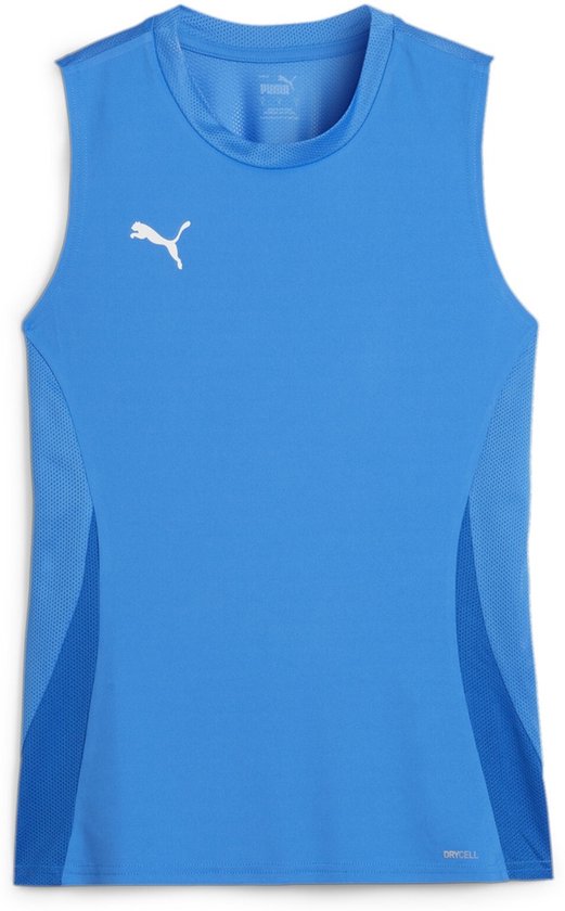 Débardeur de sport bleu Puma avec panneaux latéraux en mesh et logo Puma blanc.