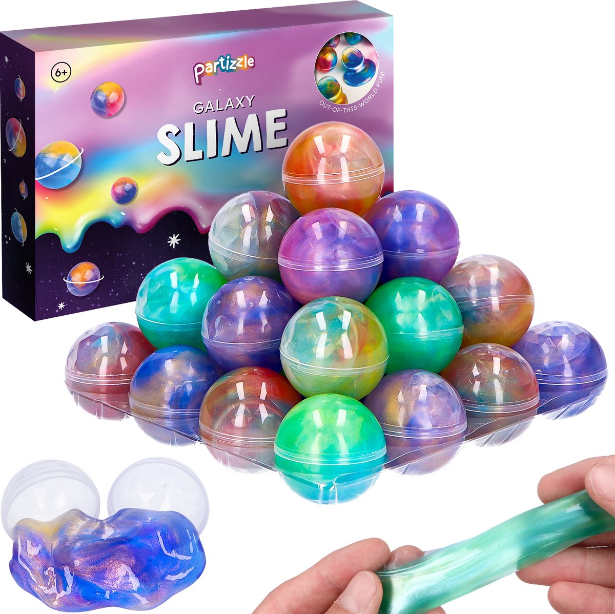 Partizzle 24x Galaxy Slijm Pakket - Universum Astronaut Uitdeelcadeautjes - Grabbelton Maken Slime Speelgoed - Traktatie Cadeautjes voor Kinderen - Gekleurd
