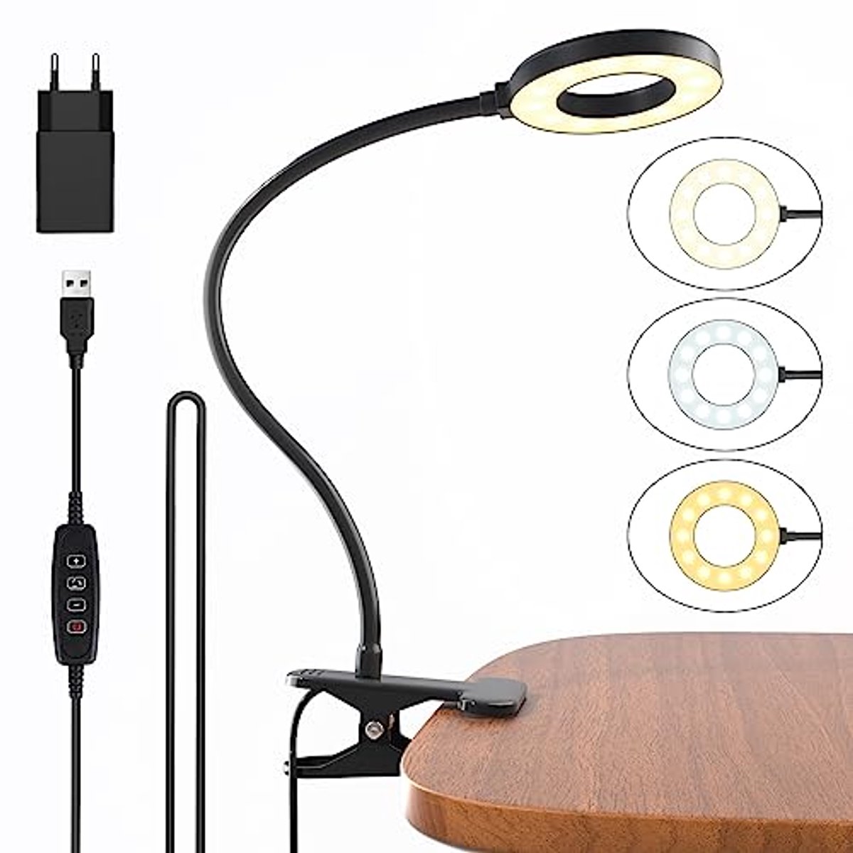Leeslamp met Zwanenhals en Oogbescherming - 3 Standen & 10 Dimniveaus - 40cm Klemlamp voor
