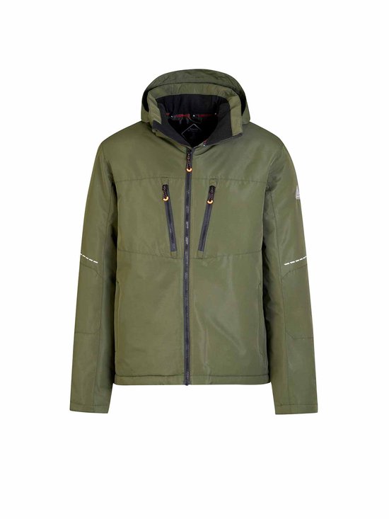 Olijfgroene winterjas voor heren met capuchon, ritssluiting en vier zakken op de voorkant.