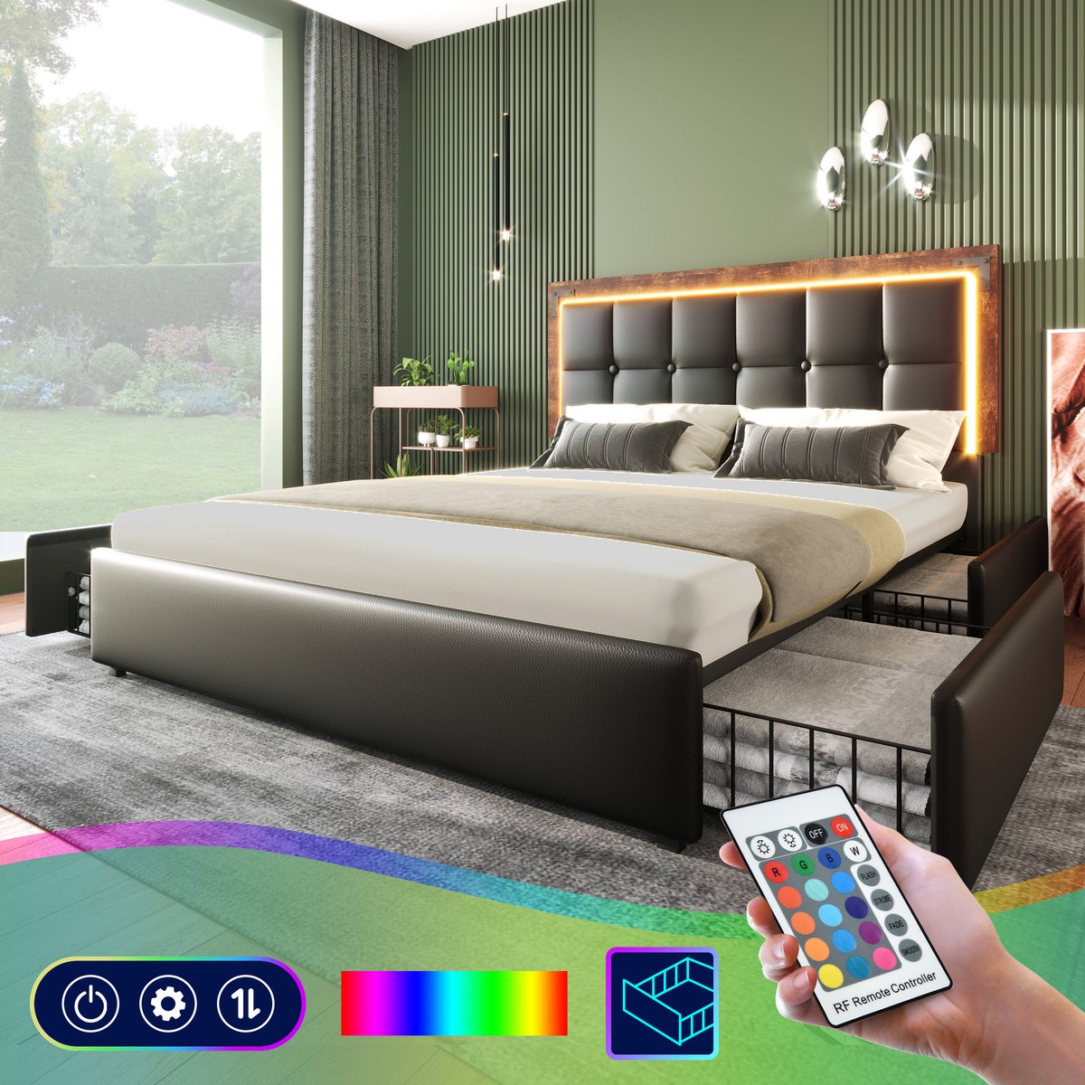 SINGULARITY-Tweepersoonsbed gestoffeerd 140x200cm- bedframe met LED en 4 lades- in hoogte verstelbaar hoofdeinde- PU zwart zonder matras