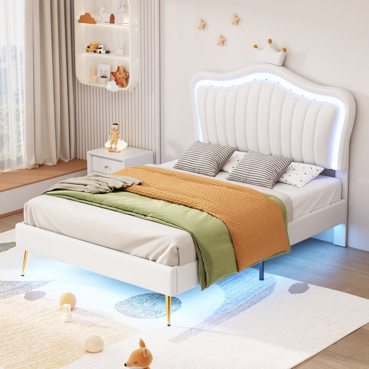 SINGULARITY-Kinderbed gestoffeerd 90 x 200 cm- bedframe voor meisjes- wit kroon tweepersoonsbedframe met LED-verlichting- matras- zonder matras