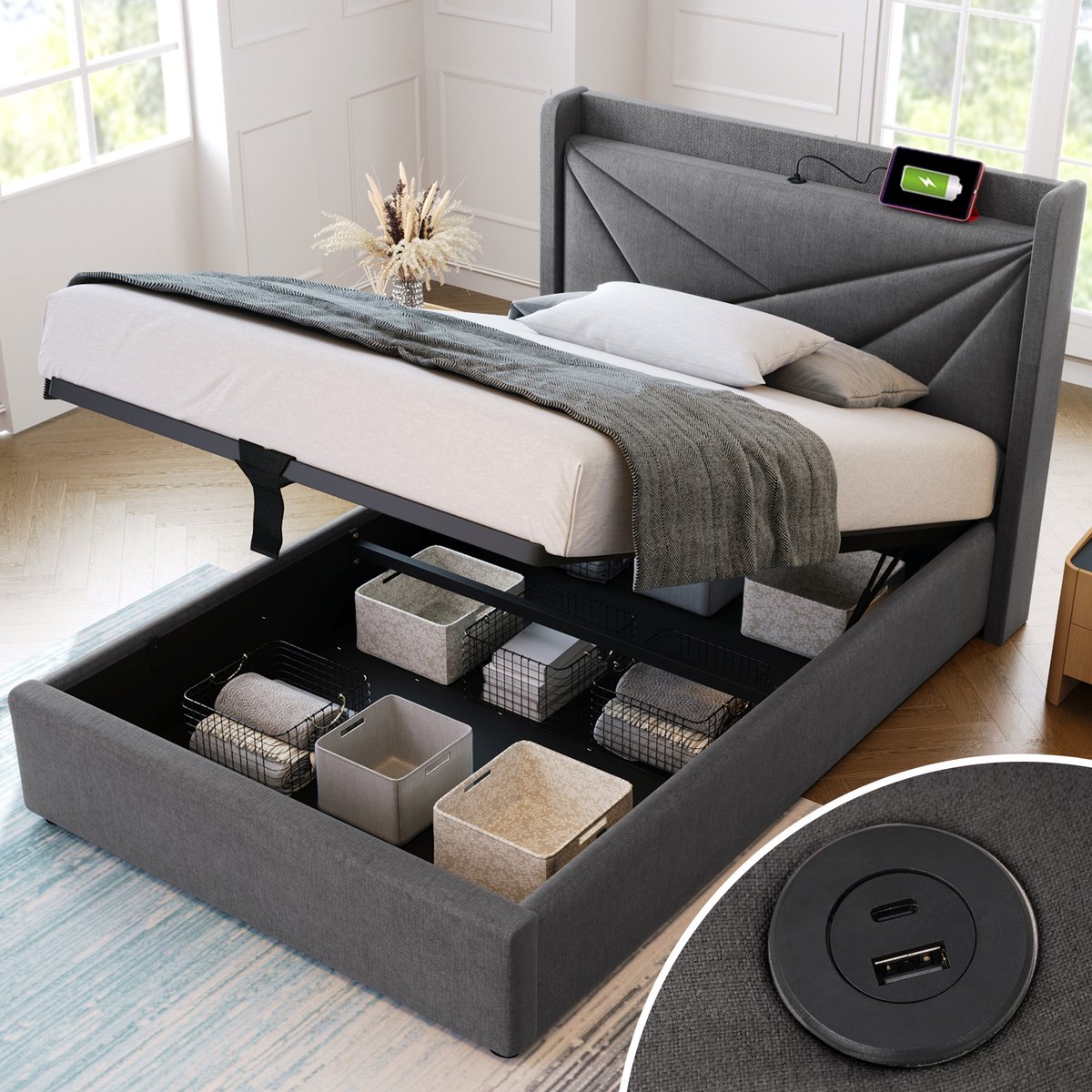 Singularity Gestoffeerd bed eenpersoonsbed met USB Type C hoofdbord- opbergbedden bedframe van linnen materiaal jeugdbed 90x200 met matras Grijs