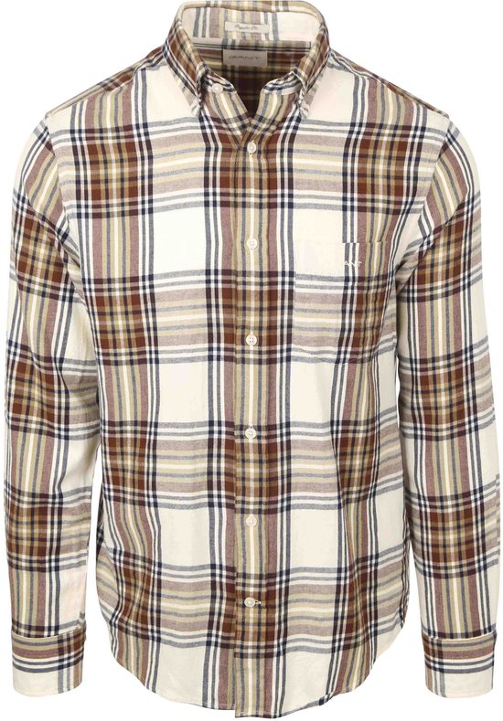 Ecru flanellen overhemd met een ruitpatroon in bruin, beige en navy. Met button-down kraag en borstzakje.