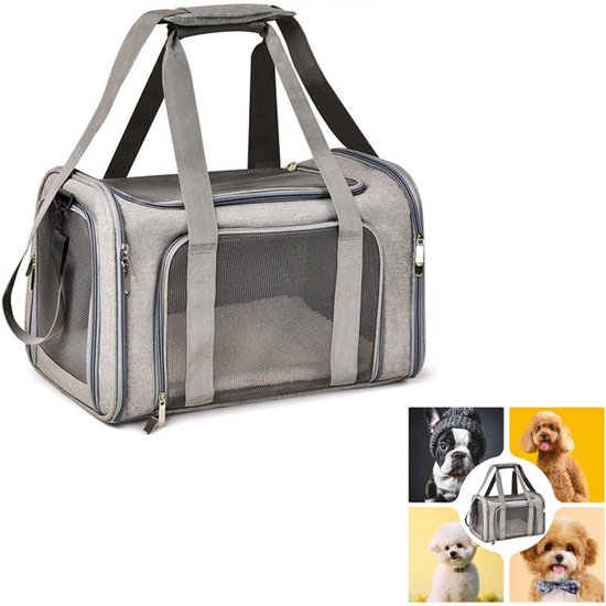 Opvouwbare huisdierentas - Huisdierentas met gaasband - 51x33x33cm - Ritssluiting - Huisdierbenodigdheden - Geschikt voor autoritten, dierenartscontroles en het opbergen van huisdieren buitenshuis - Grijs