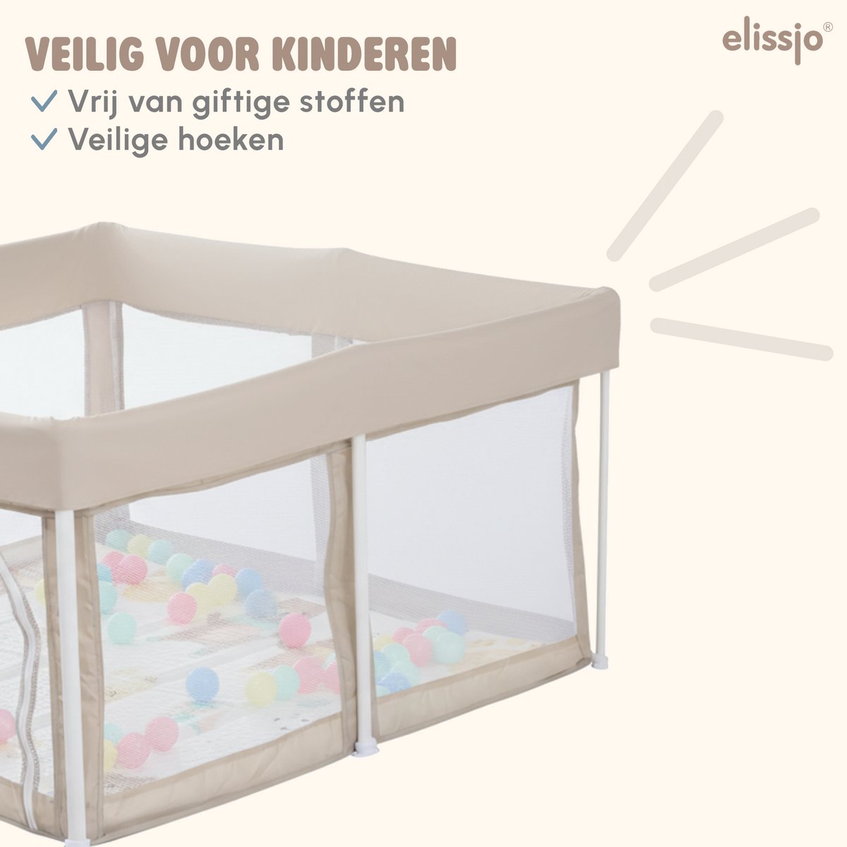 Elissio® - Grondbox Baby - Inklapbare Speelbox met Dubbelzijdige Speelmat & 50 Ballen - Kruipbox - Kinderbox - Playpen Baby - 125x125x65 CM - Beige – foto 3