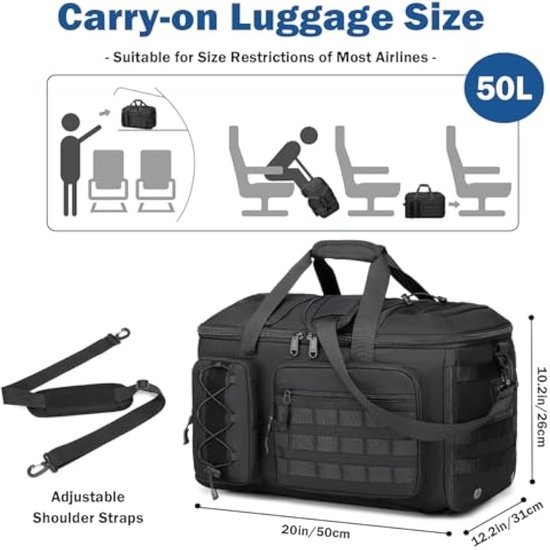 3-in-1 reistas, handbagage, rugzak voor heren en dames, 50 liter