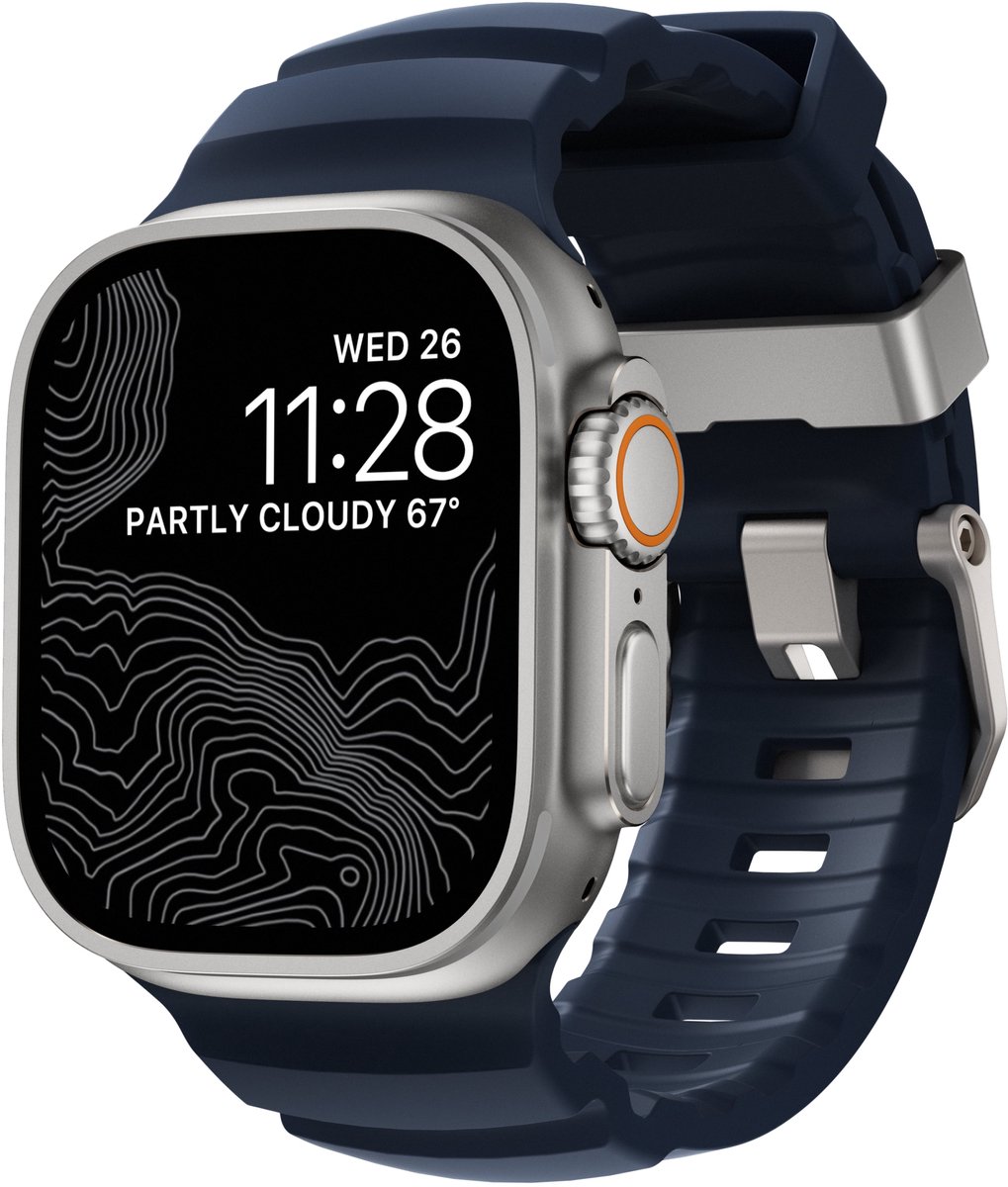 Nomad Rocky Point Horlogeband / Natural Hardware 45/46/49mm – Gemaakt van Duurzaam FKM Fluorelastomeer – Waterbestendig en Ventilatiegroeven – Compatibel met Alle Apple Watch Modellen - Blauw