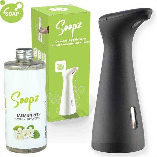 Zwarte automatische zeepdispenser met navulverpakking Jasmijn Zeep van Soopz.