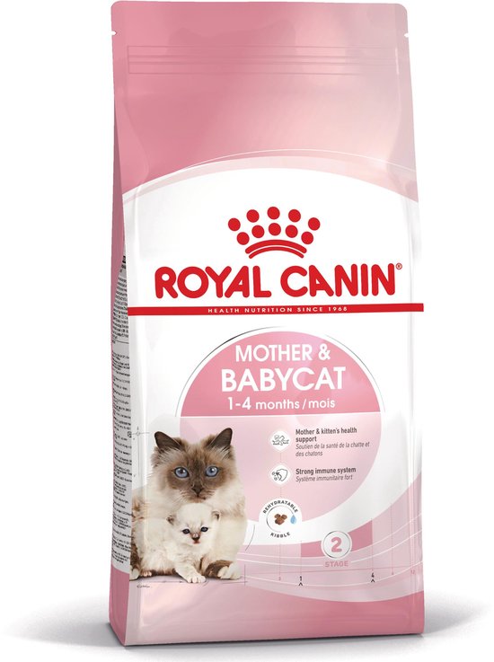 Zak Royal Canin Mother & Babycat voer, 1-4 maanden. Met afbeelding van moederpoes en kitten.
