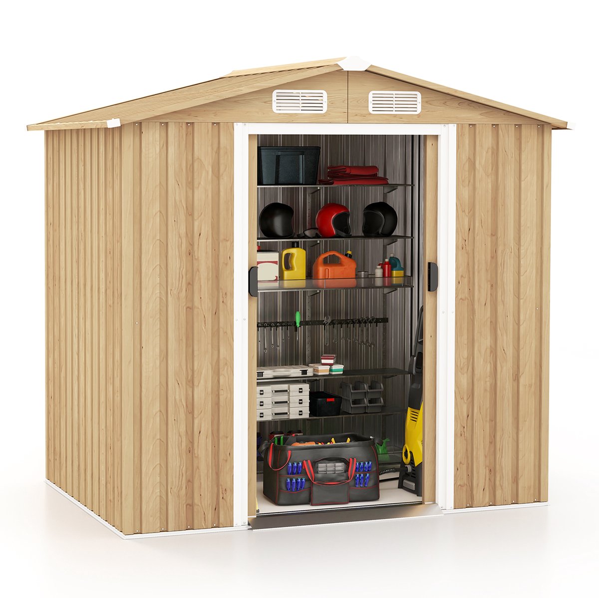 COSTWAY Gereedschapsschuur van metaal, afsluitbaar, tuinhuis met 4 ventilatiesleuven en schuifdeur & helling, tuinschuur voor buiten, metalen schuur, naturel (196 x 142 x 186 cm)