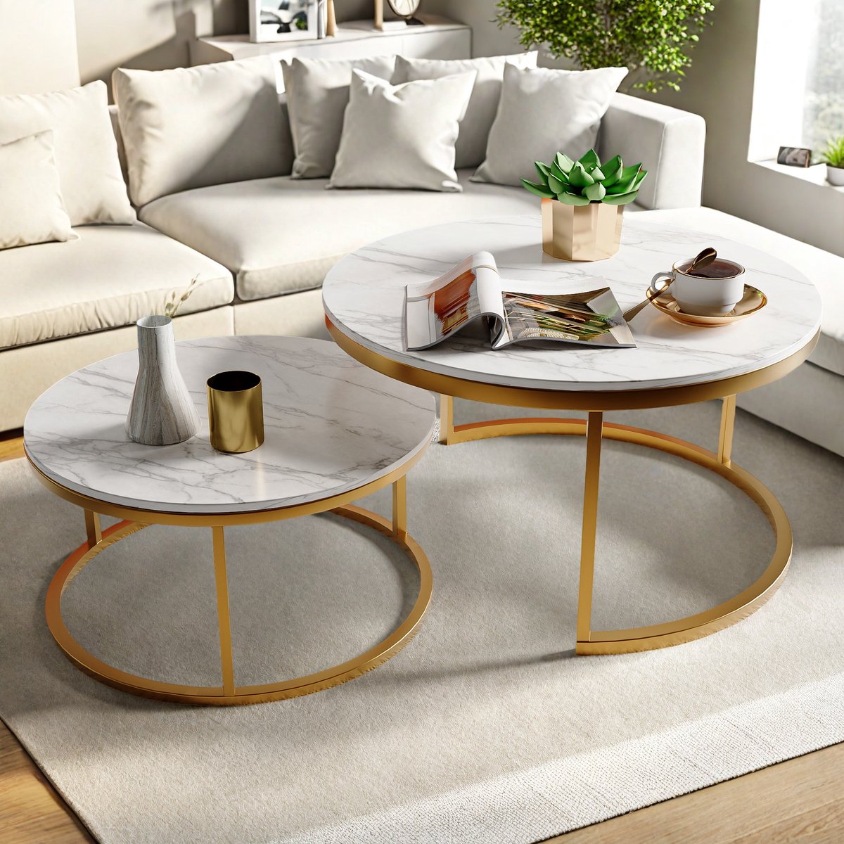 Salontafel Set van 2 Rond | Marmerlook Tafelbladen & Goud Metalen Frame | Bijzettafel Industrieel Woonkamer Ø80/60 cm