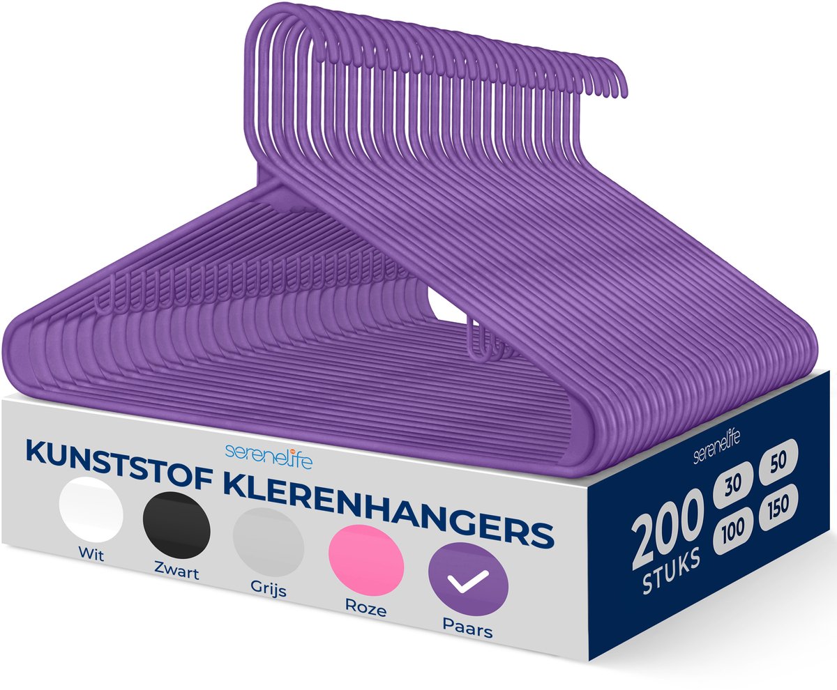 SereneLife Kleerhanger - 200 Stuks Plastic Hangers - Antislip Ruimtebesparende Kledinghangers - Duurzaam en Sterk voor Hemden, Truien, Hoodies, Kinderkleding en Jurken - Lichtgewicht - Paars