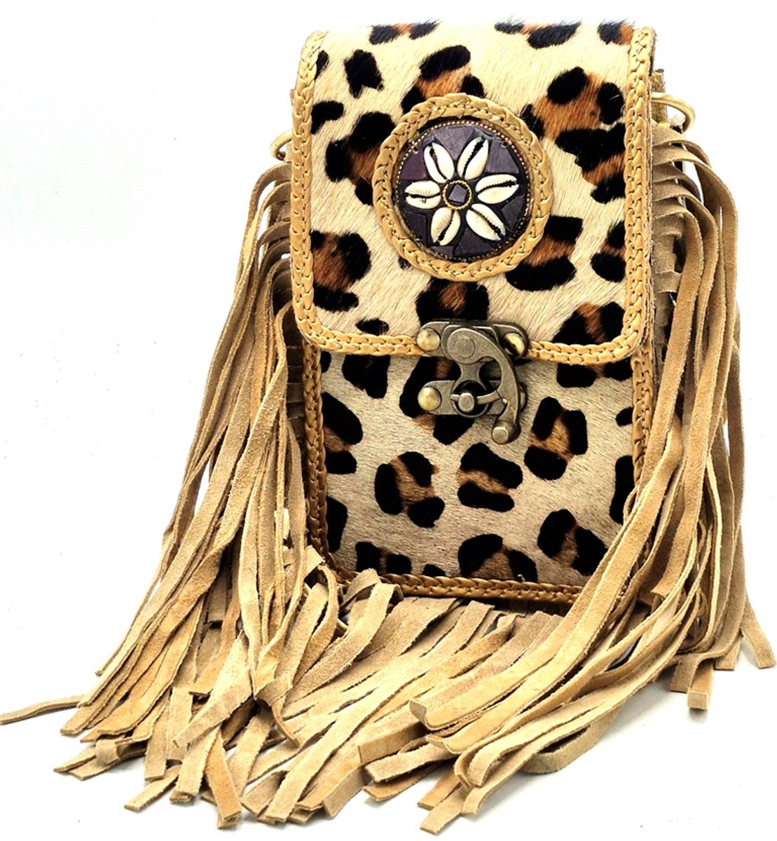 Boutique Trukado - Koeienhuid Heuptas met franjes en Vintage Haakje - (B x H x D) ca. 12,5 cm x 19,5cm x 3,5 cm