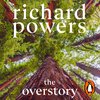 Boekomslag van 'the overstory' door richard powers. Kijk omhoog naar de kruinen van rode bomen.