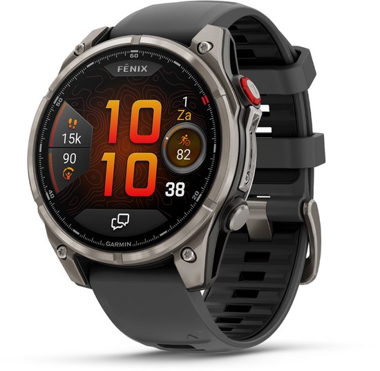 Grijze Garmin Fenix smartwatch met gedetailleerde wijzerplaat met tijd, datum en fitnessgegevens.