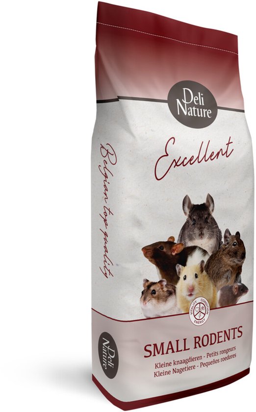 Deli Nature Excellentvoer voor kleine knaagdieren met afbeeldingen van verschillende knaagdieren.