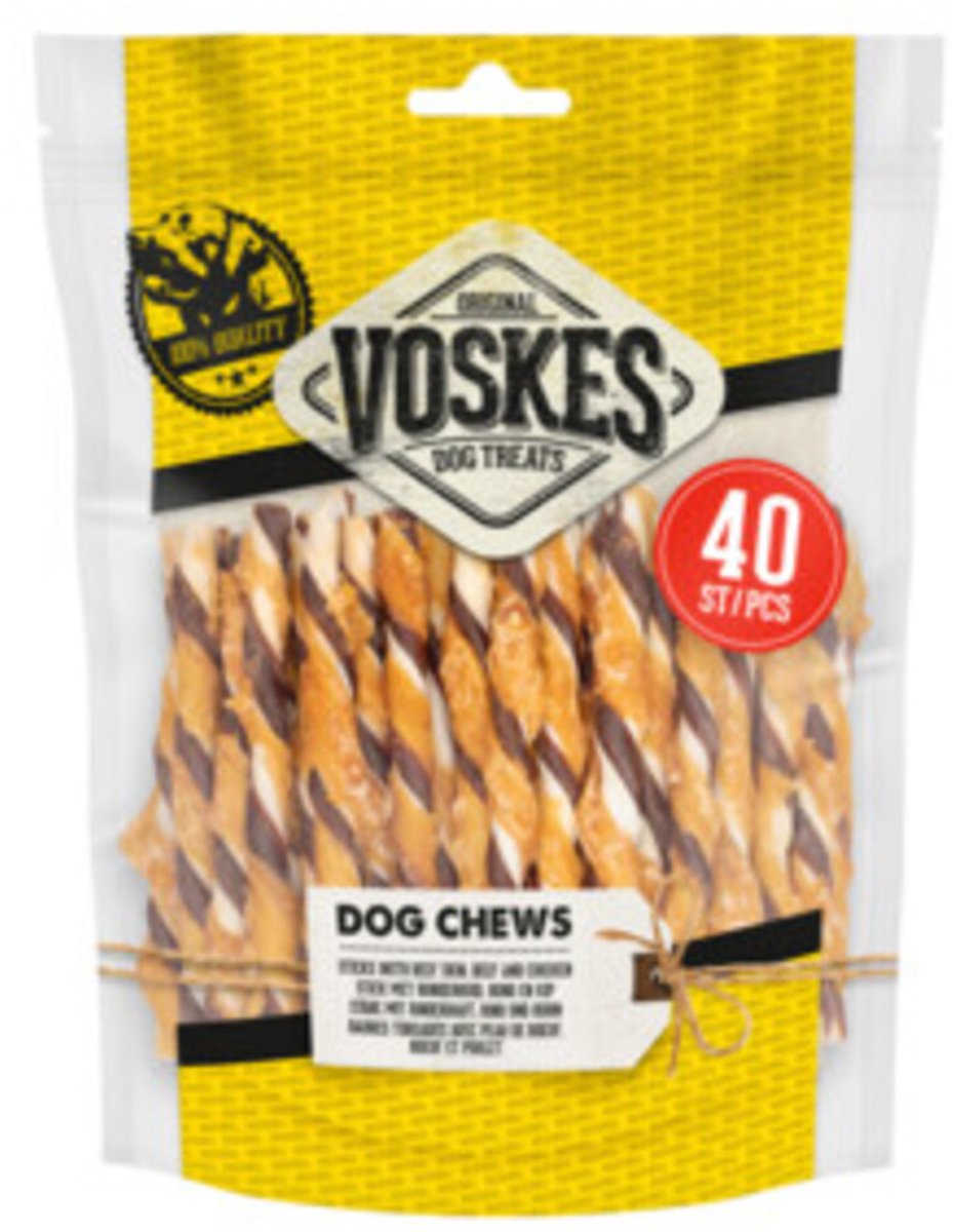 Voskes Hondensnack Rawhide Sticks Kip - Rund - 15 x 400 gr - Voordeelverpakking